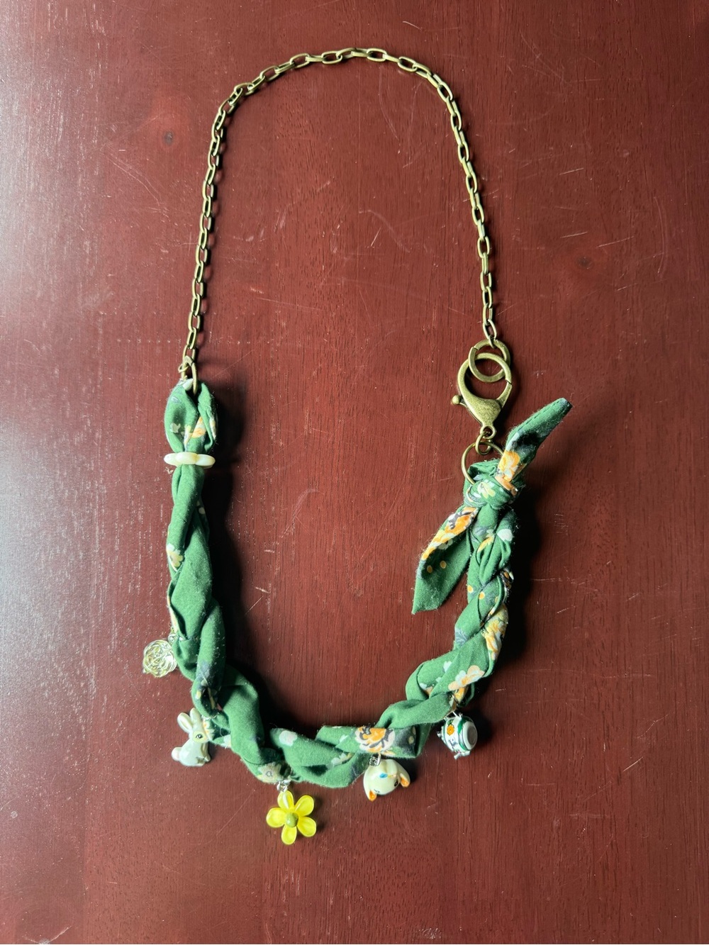 Bandana Scarf Necklace Green Floral Cute Charms Handmade Boho Cottagecore Teapot